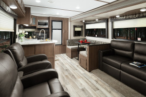 Hideout travel trailers feature a Furrion glass top oven, 81” Interior height, Porcelain foot flush toilet, Residential batten strips on ceiling, and more!