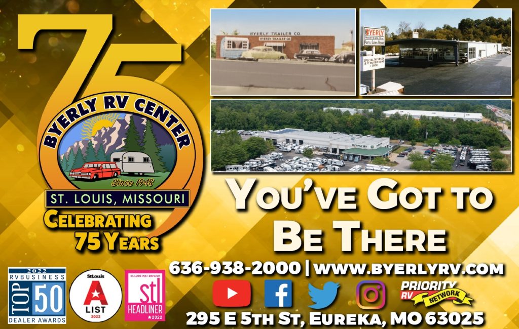 banner celebrating the 75 years of Byerly RV Center in St. Louis, Missouri. includes phone number 636-938-2000 | www.byerlyRV.com | address: 295 5th st, Eureka, MO, 63025